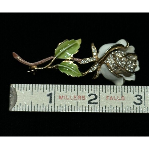 KRAMER OF NEW YORK FLOWER ROSE PIN BROOCH VINTAGE WHITE ENAMEL RHINESTONE SIGNED - Picture 5 of 7